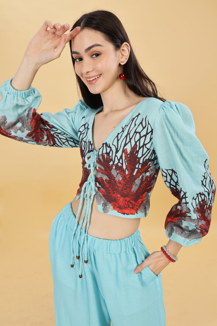 OCEAN BLOOM TIE-UP PUFF SLEEVE TOP